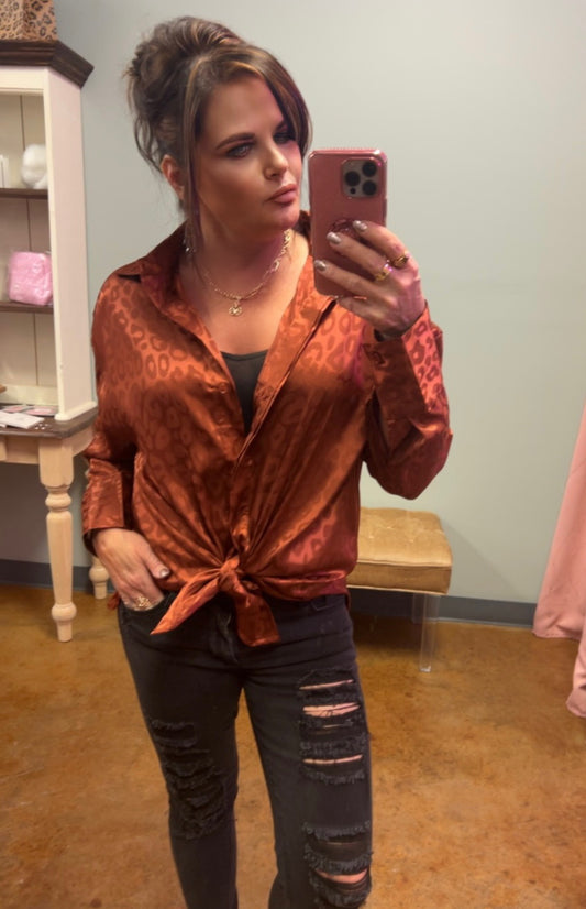 copper leopard button up