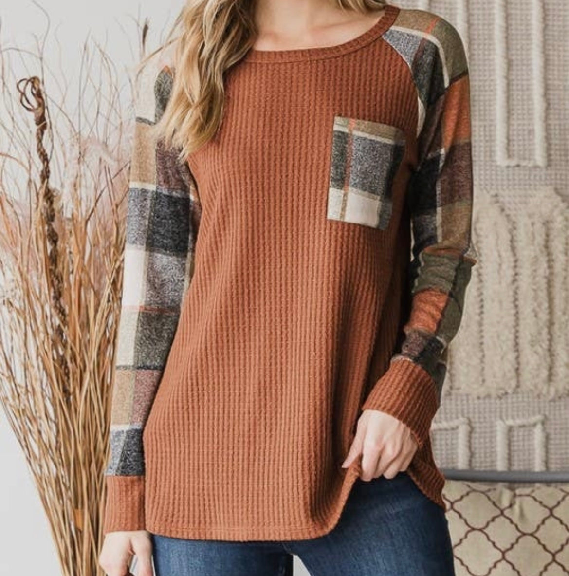 Rust Waffle Knit & Plaid Top