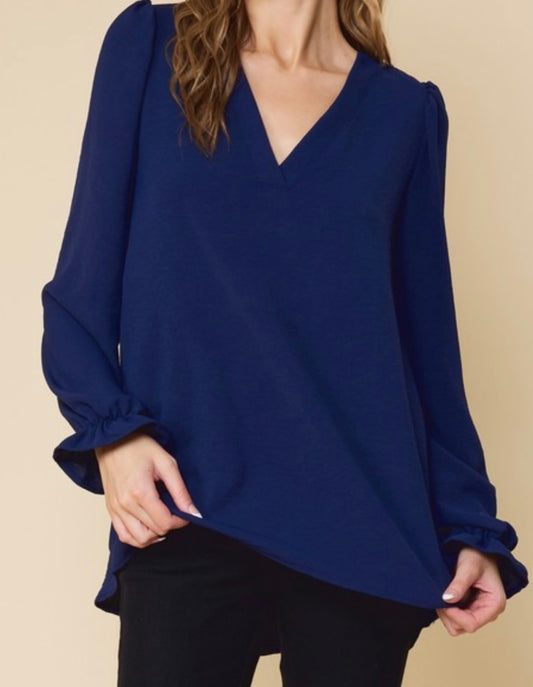 Navy Solid VNeck Long Sleeve Top