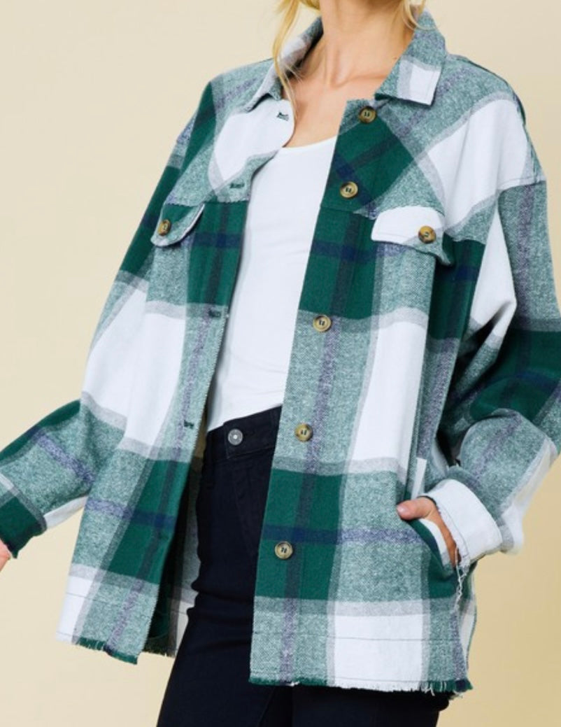 Green Plaid Shacket with Fringe