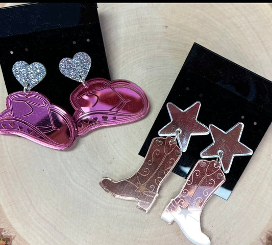 Acrylic Pink Cowboy Hat Earrings