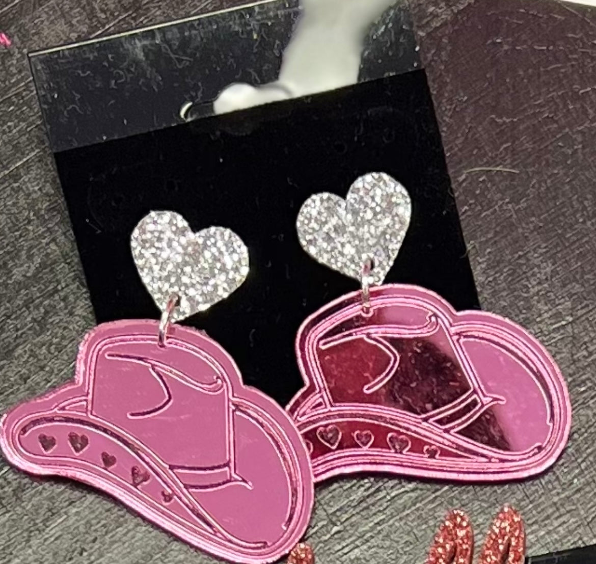 Acrylic Pink Cowboy Hat Earrings