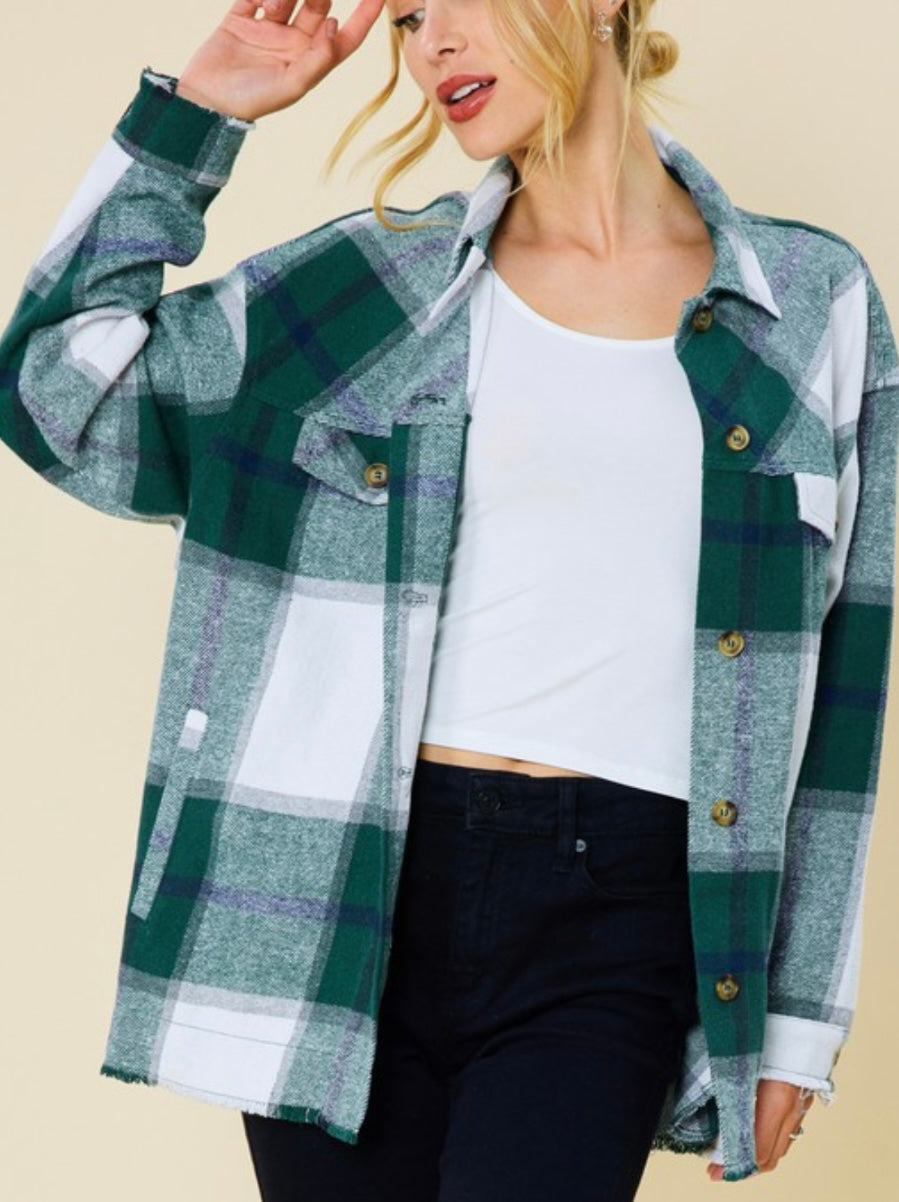 Green Plaid Shacket with Fringe